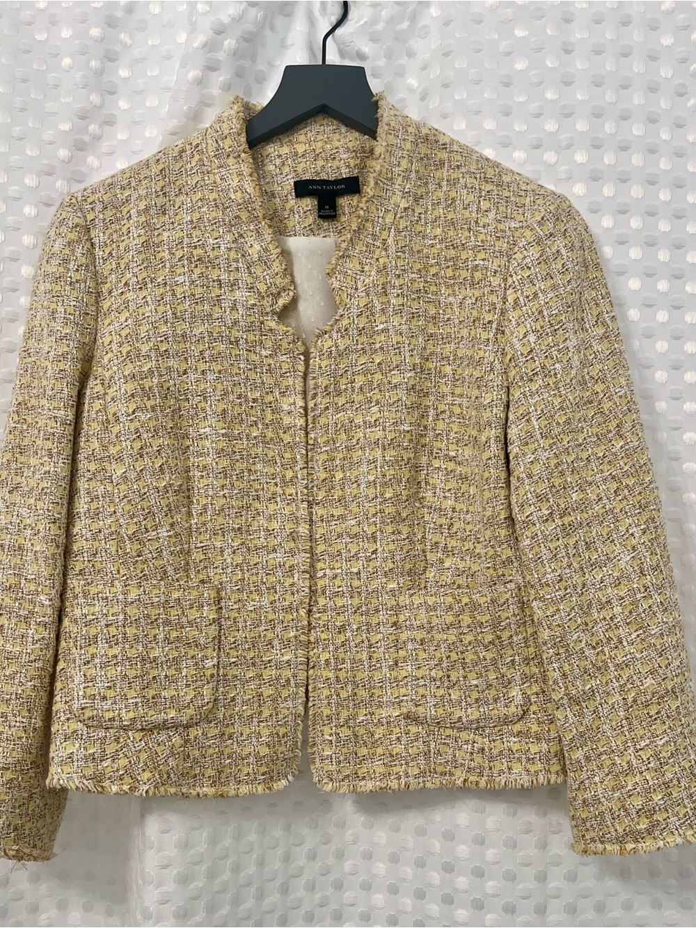Ann Taylor Yellow-Cream Tweed Collarless Bouclé Blazer